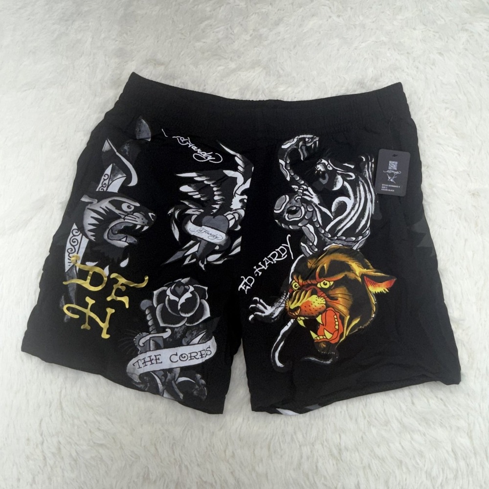 Ed Hardy Swim Trunks Mens L Black Tiger Tattoo Print Board Shorts NWT Y2K